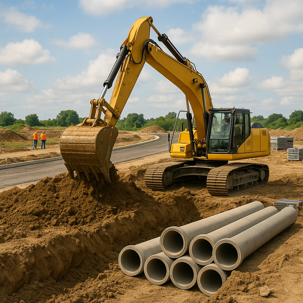 Gele graafmachine op bouwplaats met betonnen buizen