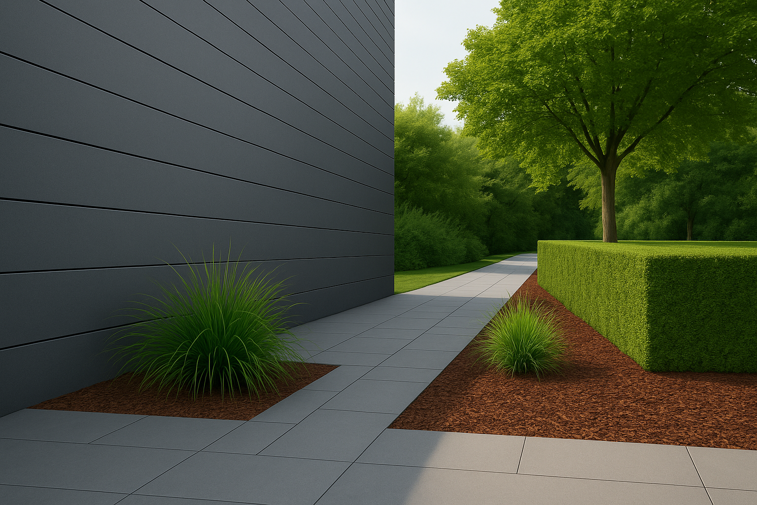 Moderne gevel met strak aangelegde tuin en beplanting