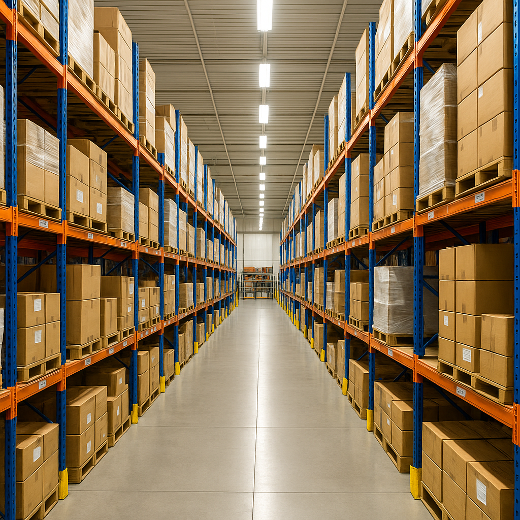 Georganiseerd magazijn met hoge stellingen vol dozen